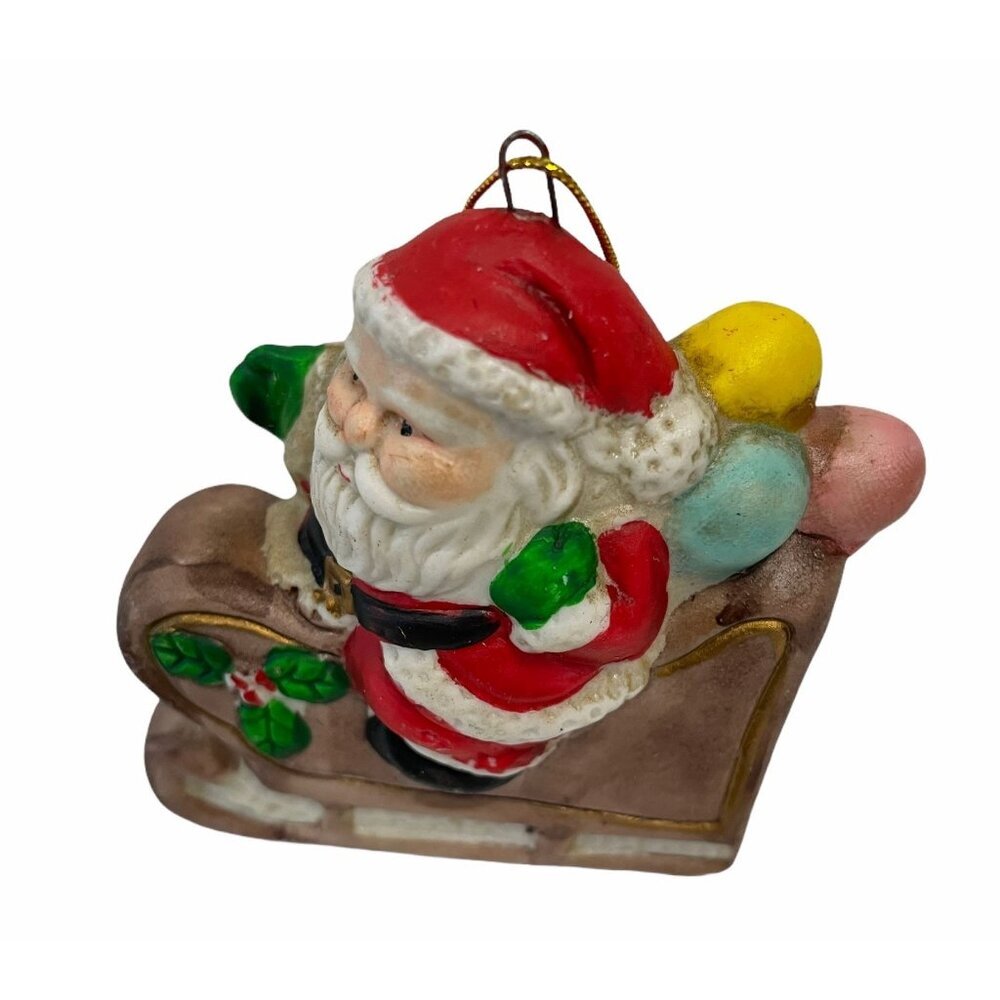 Vintage Santa Claus Sleigh‎ Ceramic Hanging Ornament Christmas Collectible